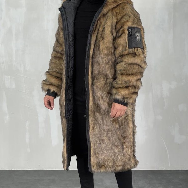 Spezieller Langer Pelzparka,, Kapuzenpelzjacke, Zottelpelz, Langer Pelzmantel, Winterpelz, Herrenpelzmantel, Geschenke für Männer