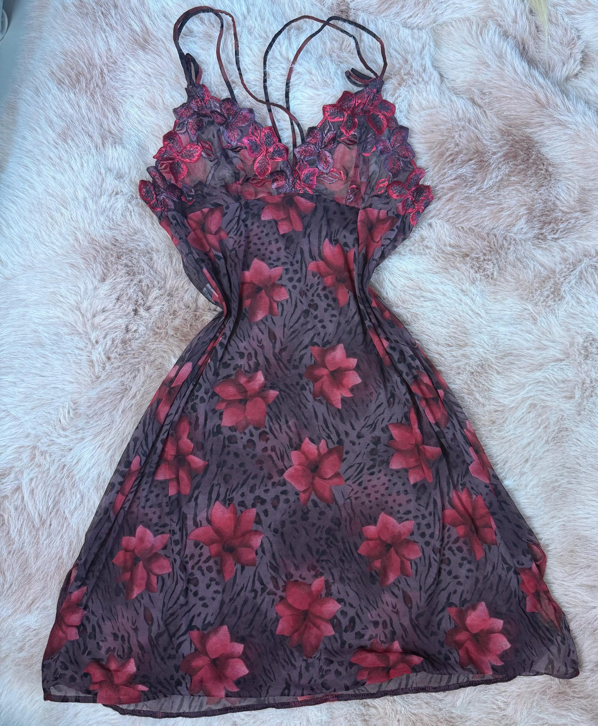 strapless open back dress Red Long Sleeve Sheer Lace Mini Dress with Frilly Hem, L main image 0