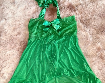 Vintage Y2K fairy core open sheer silky babydoll  dreamy  timeless mini slip dress green size large