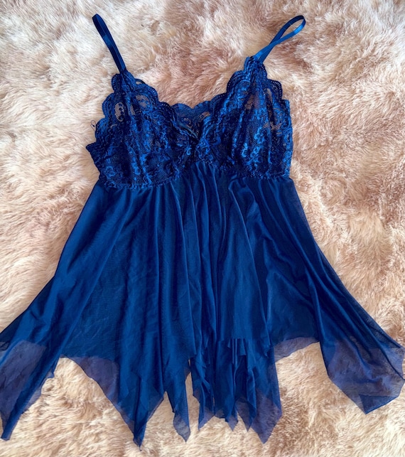 navy lace babydoll dress Vintage Y2K fairy core sheer open lace babydoll mini slip dress navy blue  size XL