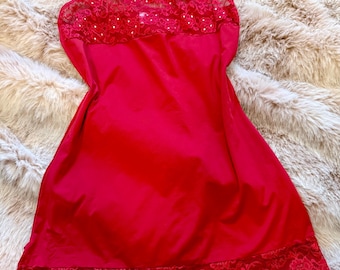 Vintage lace trim silky babydoll crystal embellished timeless mini slip dress red size 36 / 38