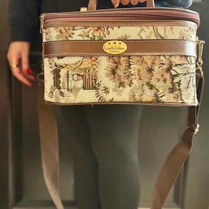 Vintage vanity case  tapestry large bag  brown green with strap