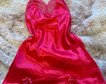 Vintage lace trim silky babydoll crystal embellished timeless mini slip dress red size XL