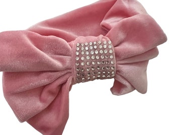 Grand nœud en velours rose poudré pour nouveau-nés, taille unique en cristaux Swarovski