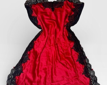 Vintage lace trim silky babydoll timeless midi slip dress red  black size small