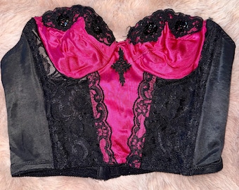 Y2K / vintage sequin  bonded lace  timeless corset black pink size 34 B
