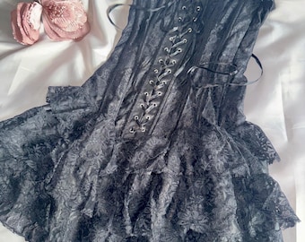 It girl archive doll glam Y2K vintage corset frill top bonded lace PVC black  size medium