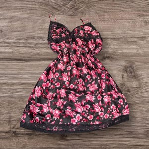 Vintage Emara floral babydoll mini slip dress black pink size 10 uk