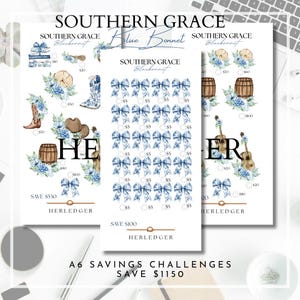 Könnte beinhalten: Drei A6-Spar-Challenge-Blätter mit Aquarellillustrationen von Schleifen, Stiefeln, Fässern und Gitarren. Der Text enthält "Southern Grace Blue Bonnet" und "Spare 1150 €".