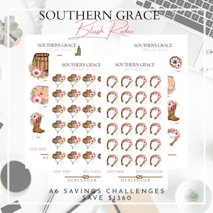 Könnte beinhalten: A6 Spar-Challenges mit einem Blush-Rodeo-Thema. Die Blätter zeigen Illustrationen von Cowboyhüten, Hufeisen, Stiefeln und floralen Akzenten. Der Text auf den Blättern lautet "Southern Grace" und "Save 1360$".