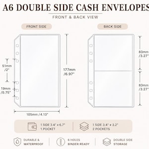 May include: A6 double side cash envelopes with front and back views. The front features one pocket measuring 3.4 inches by 6.7 inches. The back features two pockets measuring 3.4 inches by 3.2 inches each. Includes 6 binder holes, durable, waterproof.