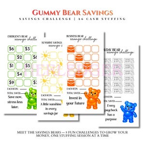 Könnte beinhalten: Ein Set aus vier weißen A6-Spar-Challenge-Karten mit dem Titel Gummy Bear Savings. Jede Karte zeigt eine einzigartige Bärenfigur, darunter grüne, gelbe, orangefarbene und blaue Bären, mit spezifischen Spar-Trackern, Symbolen und Texten.