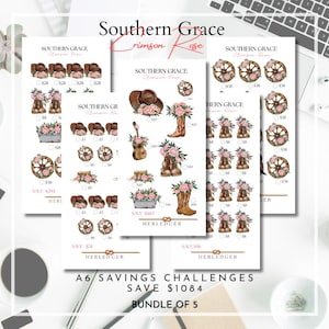 Könnte beinhalten: Eine Sammlung von A6-Spar-Challenges mit Südstaaten-Thema. Die Designs zeigen Cowboy-Stiefel, Wagenräder, Hüte und Blumenarrangements. Der Text lautet "Southern Grace Crimson Rose", "Herledger" und "Sparen Sie 1084 $". Das Bundle enthält 5 Artikel.