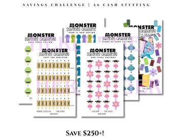 Monsters Savings Challenge Bundle | A6 Hole Punched Cash Stuffing Dashboards | Budget Binder Savings Trackers | Physical Product