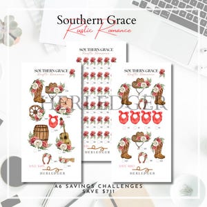 Könnte beinhalten: Drei A6 Spar-Challenges mit rustikalem Thema. Jede Challenge zeigt Illustrationen von Cowboy-Stiefeln, Hüten, Rosen und anderen Western-Elementen. Der Text enthält "Southern Grace Rustic Romance" und "HERLEDGER".