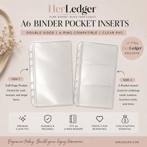 May include: Two clear A6 binder pocket inserts made of PVC. One insert features a single full-page pocket, while the other features three horizontal pockets. Both inserts have six holes along the side for ring binding. Text includes HerLedger.