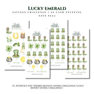 Könnte beinhalten: Budget-Spar-Challenge zum St. Patrick's Day. Das Bild zeigt vier A6-Cash-Stuffing-Vorlagen mit Aquarellillustrationen von Leprechaun-Stiefeln, Hüten, Kleeblättern und Goldtöpfen. Der Text lautet "Lucky Emerald" und "Spare 600 $."