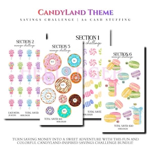 May include: A set of four A6 cash stuffing savings challenge trackers with a Candyland theme. Each card features colorful watercolor illustrations of lollipops, donuts, candies, and macarons with designated sections and dollar amounts for tracking.