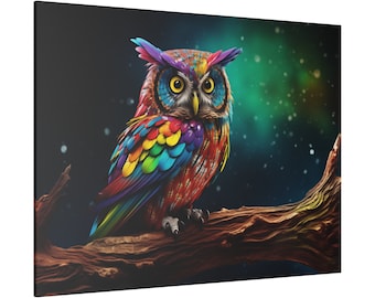 Colorido búho arco iris en la rama del árbol búho lienzo pared arte búho impresión búho regalos para la obra de arte del búho búho lienzo impresión búho arte impresión búho pared colgante