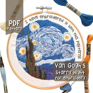 PDF PATTERN. Van Gogh Starry Night for embroidery. Includes pattern + GUIDE. 8 sizes. Colors and stitches instructions. For beginners. Easy