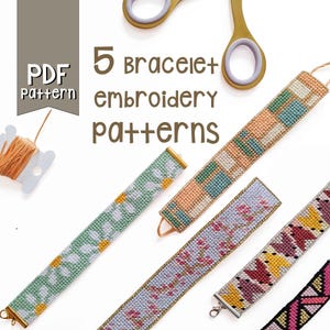 May include: Five PDF patterns for embroidered bracelets. The patterns feature various designs including floral, geometric, and abstract motifs. The bracelets are shown in a variety of colors, including green, blue, pink, and yellow.