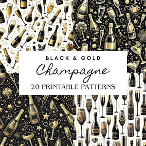 Champanhe Preto e Dourado x20 PADRÕES IMPRIMÍVEIS - Comemoração, Dia das Mães, Ano Novo, Aniversário, Casamento