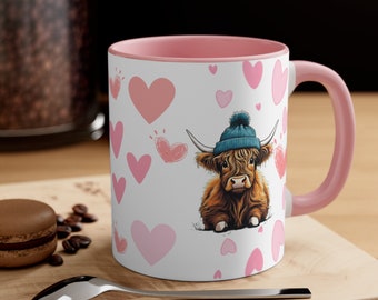 Tasse vache Highland Tasse à café motif coeurs Cadeau Saint Valentin Tasse vache mignonne