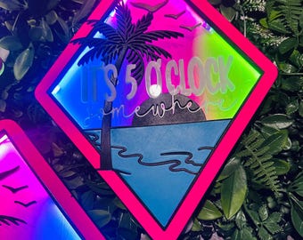 It’s 5 O’Clock Somewhere Sign | LED Lighted Tropical Beach Sign | Summer Bar Decor | Palm Tree Neon Style Wall Sign | Coastal Party Decor