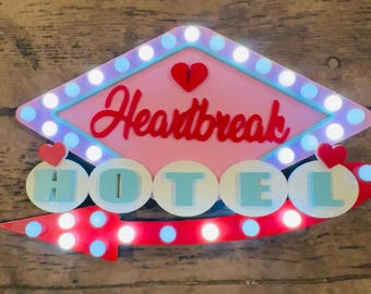 Heartbreak Hotel Valentine’s Day Marquee Sign | Retro Lighted Valentine Decor | LED Heartbreak Hotel Sign | 12” Handmade Sign