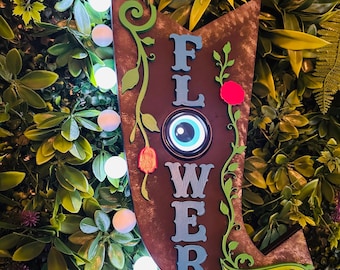 Halloween Flower Shop Arrow | Light Up Marquee Sign with Moving Eyeball | Spooky Wreath Attachment | Retro Halloween Dec