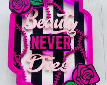 Beauty Never Dies Neon Halloween Sign | Bride of Frankenstein Decor | Pink Gothic Glow Sign | Battery Operated LED with Remote | Haunted Gl