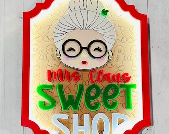 Mrs. Claus Bake Shop LED Sign | Glowing Gingerbread Christmas Decoration | Holiday Wreath Attachment