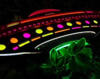 Lighted UFO Door Hanger | Neon Alien Spaceship Sign | 3D Layered Wood Decor | Battery Operated with Remote | Sci-Fi Wreath Attachment