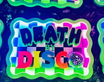 Death by Disco Light Up Halloween Wreath Attachment | Spinning Disco Ball Decor | Retro Halloween Door Hanger | Neon Spooky Decor
