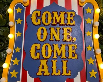 Come One Come All Light Up Carnival Sign | 3D Circus Marquee Sign | Vintage Carnival Halloween Decor | 12x17 Lighted Sign