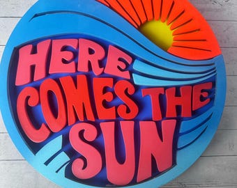 Here Comes the Sun Neon Sign – 12x12" Two-Tone LED | Wreath Attachment | Yellow + Blue Neon | Unique Wall or Door Decor | Boho Room Vibes