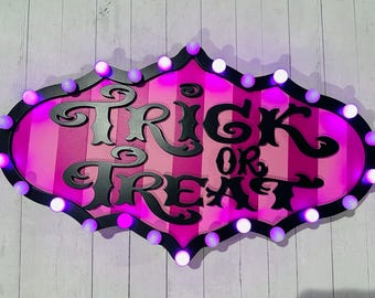 Trick-or-Treat Pink Marquee Sign | Gothic Halloween Wall or Door Decor | Battery Operated with Remote | Wreath Attachment