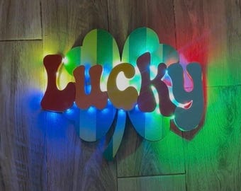Lucky Rainbow LED Marquee Sign, St Patrick’s day Neon Sign,  St Pattys 4 leaf clover wreath attachment, LED rainbow Lucky door hanger