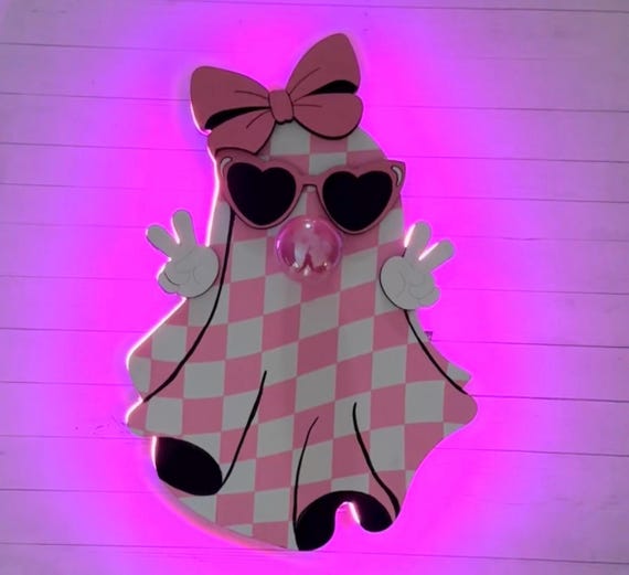 Pink LED Ghost Wreath Attachment or Shelf Decor | Bubblegum Ghost Halloween Sign | Cute Spooky Decor with LED Lights