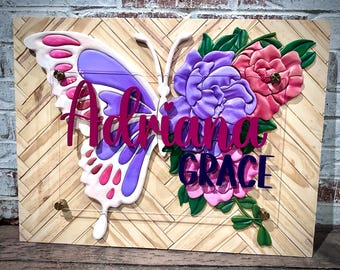 3D floral butterfly name sign, custom 3d name sign, personalized name sign,