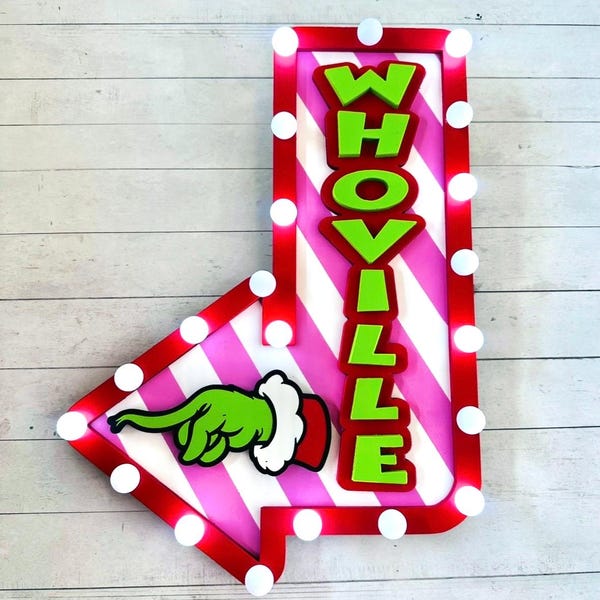 Whoville Marquee Sign | Grinch Hand Christmas Decor | Christmas Light sign | Grinchmas wreath attachment | Holiday green pink whimsical sign