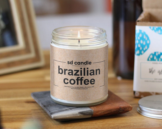 Brazilian Coffee 9 oz Clear Jar Candle, Fresh Brewed Coffee Scented Candle, Coffee Lover Gifts, Coffee Soy Wax Candle, Coffee Candle