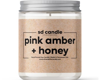 Pink Amber + Honey Soy Wax Candle - Experience a Blend of Peach Nectar, Gardenia + Vanilla-Perfect for Elegance in Home Decor & Gifting