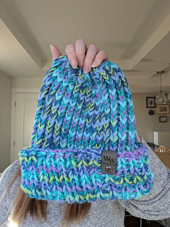 Hand Knit Chunky Hat / Beanie - Shades of Blue, Purple and  display picture 1
