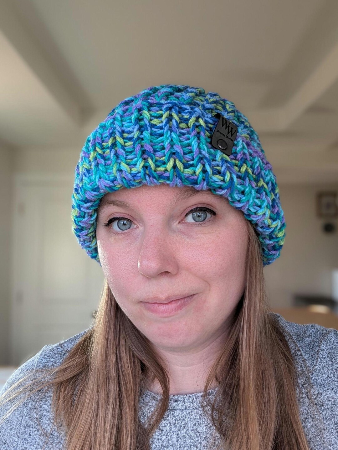 Hand Knit Chunky Hat / Beanie - Shades of Blue, Purple and  display picture 3