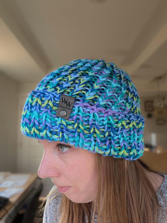 Cream Wool Knit Beanie with Blue, Purple & Green Accents Custom Knit Merino Wool Beanie: Hand-dyed Chunky Winter Hat  main image 2