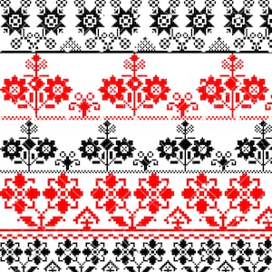 May include: A digital design featuring a repeating pattern of red and black stylized flowers. The design is perfect for embroidery, cross-stitch, or other crafts.