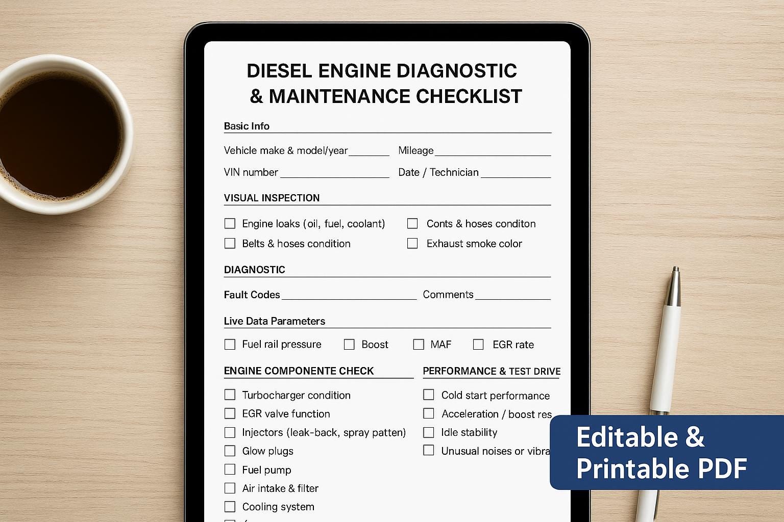 Editable I Printable Diesel Engine Diagnostic Checklist | Car ...