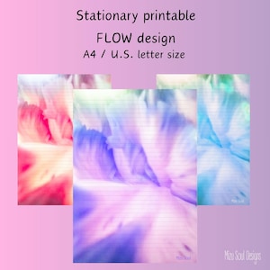 Op de afbeelding: Printbare briefpapier met een bloemen "FLOW" design. Het ontwerp heeft een zacht, wazig aquareleffect in roze, paarse en blauwe tinten. Het briefpapier is gelijnd en verkrijgbaar in A4- en U.S. letterformaten. De tekst "Stationary printable FLOW design" staat bovenaan.