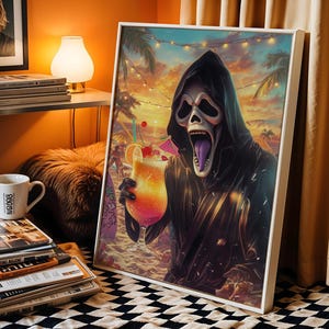 Ghostface Cocktail Art Print: Gothic Horror Beach Sunset (Digital Download